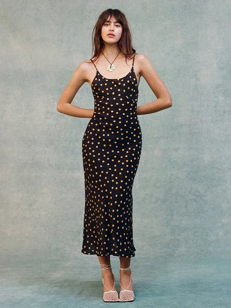 Dot Print Spaghetti Midi Dress - View 3 | VelvetHem