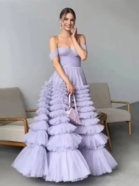 Lavender Tulle Evening Dresses Off The Shoulder Tiered Floor Length Formal Women Prom Gown Special Occasion Dress