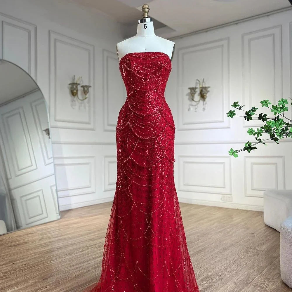 Zapdress Red Strapless Mermaid Pearls Beaded Evening Dress with Cape Wedding Party Gowns for Women DLA72585 Customized (ZD17266)