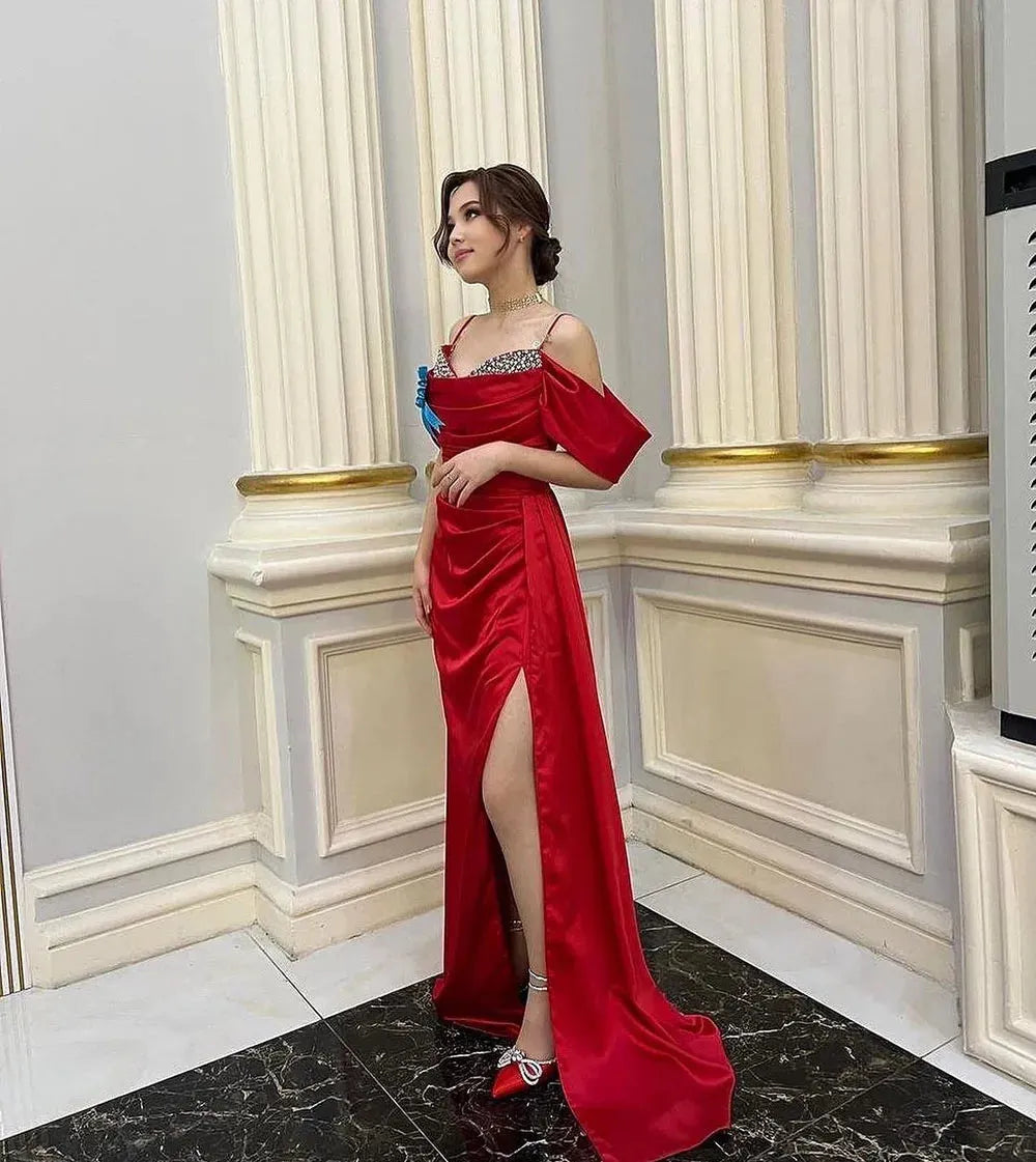 Exquisite Formal Evening Dresses Mermaid Prom Gowns Sexy Side Split Off The Shoulder Crystal Pleats Occasion Party Dres