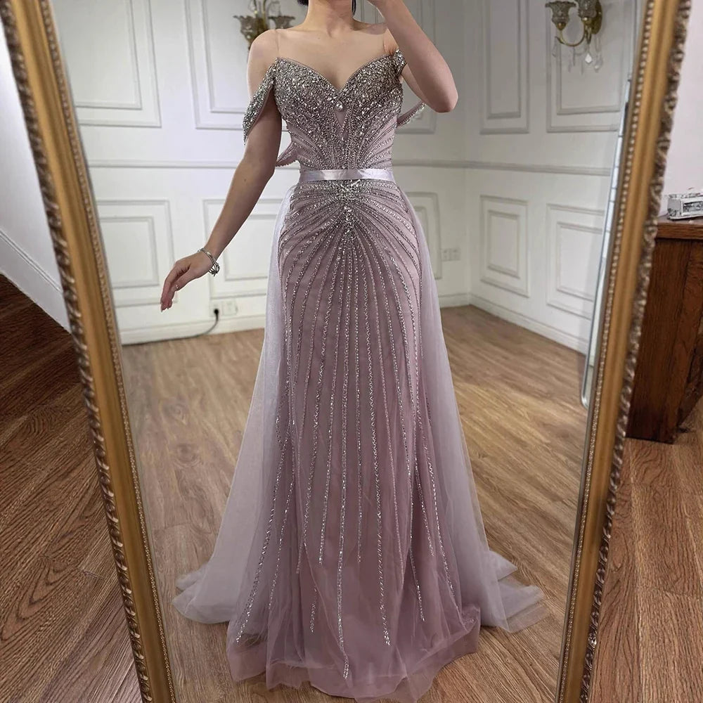 Zapdress 2026 Nude Luxury Beaded Mermaid Off Shoulder Evening Dress Formal Party Gowns for Women Customized (ZD17260)