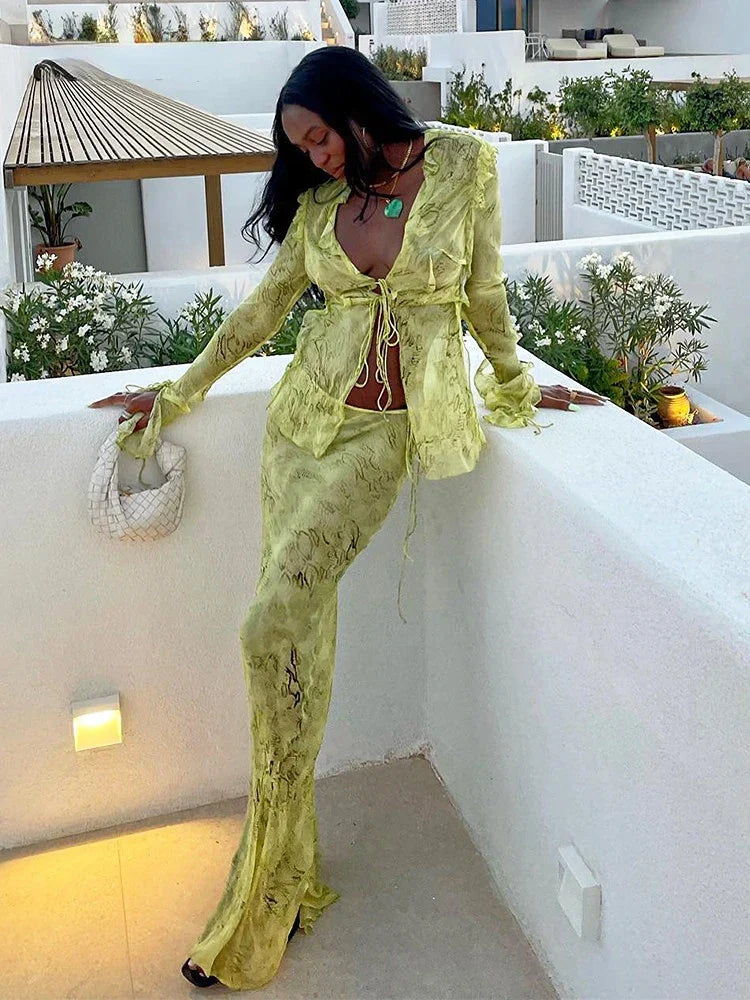 Y2K Mesh Green Bodycon Maxi Dress
