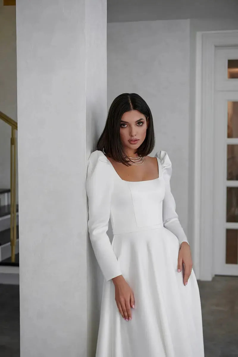A-Line Wedding Dress Long Sleeve Square Collar Side Slit Simple Satin Open Back Beach Robe De Mariee Custom Made To Measures