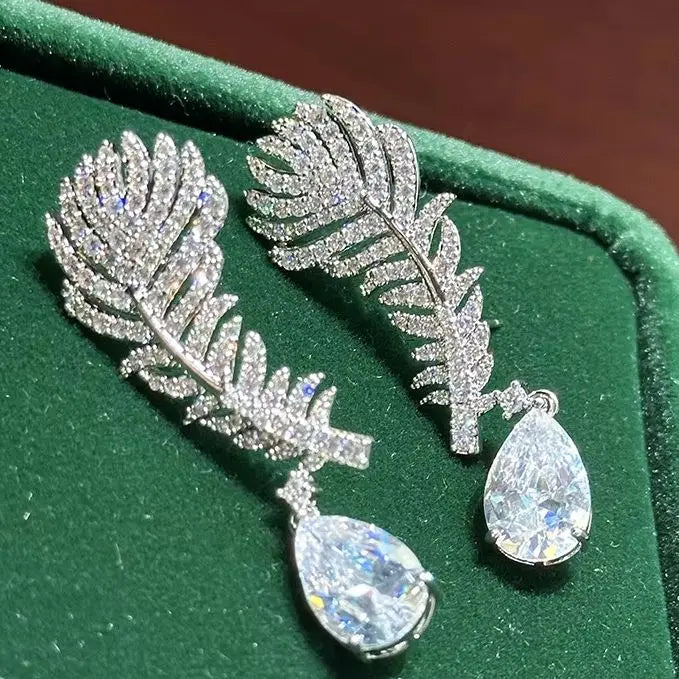 AAA Zircon Bridal Earrings Feather Cubic Zirconia Wedding Earring For Bride Bridesmaids Accessories Women Birthday Gifts Jewelry - FashionDia