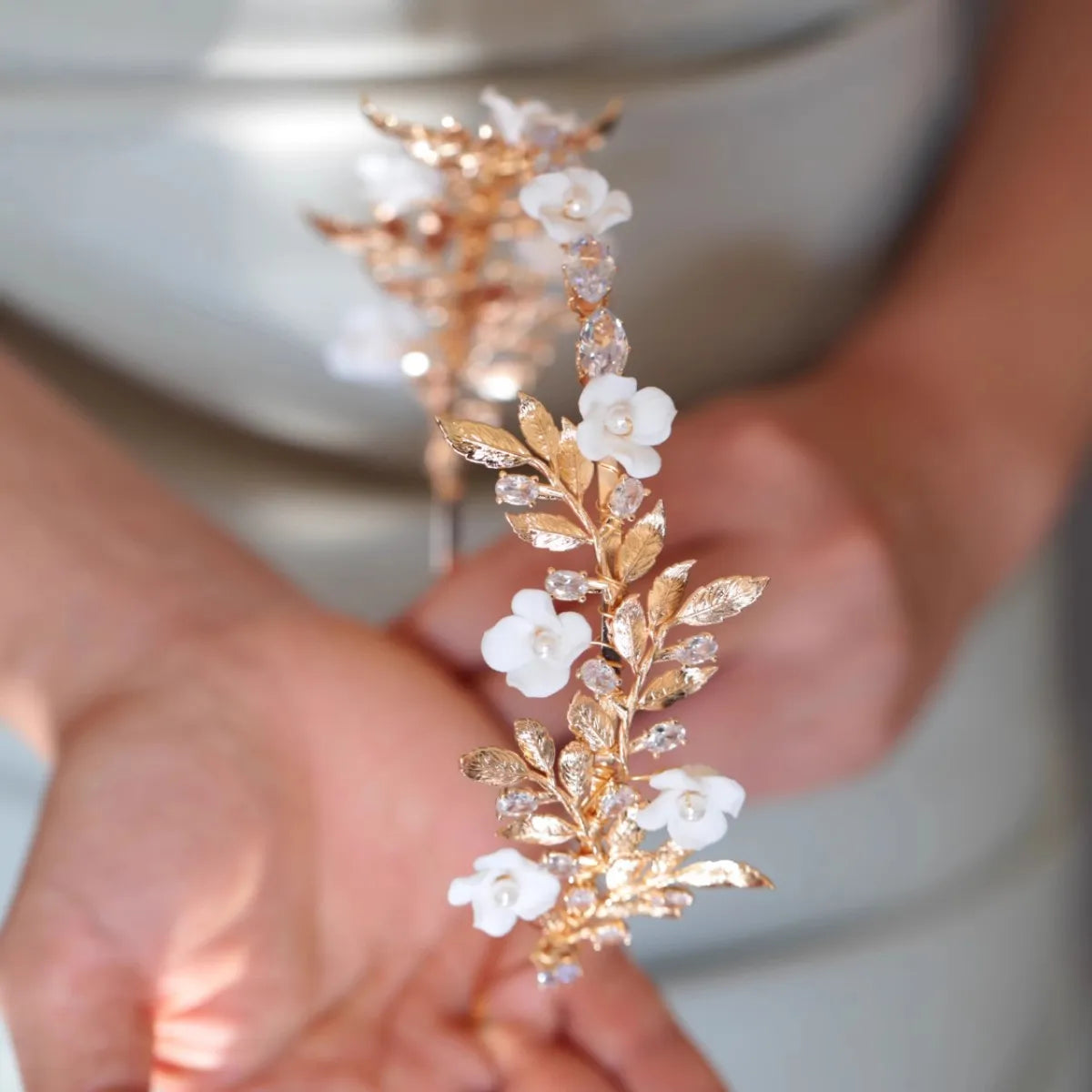 Bridal Hair Jewelry Porcelain Flower Headband Tiara Gold Color Leaf Headpiece For Brides Rhinestones Crown Wedding Accessories - View 4 | FashionDia