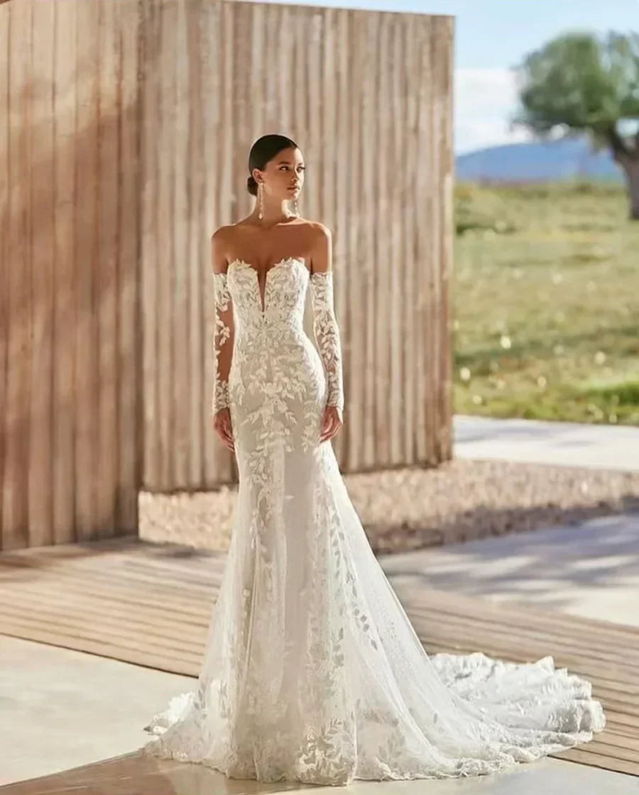 Elegant Lace Appliques Mermaid Wedding Dresses for Bridal 2026 Detachable Long Sleeves Sweetheart - FashionDia