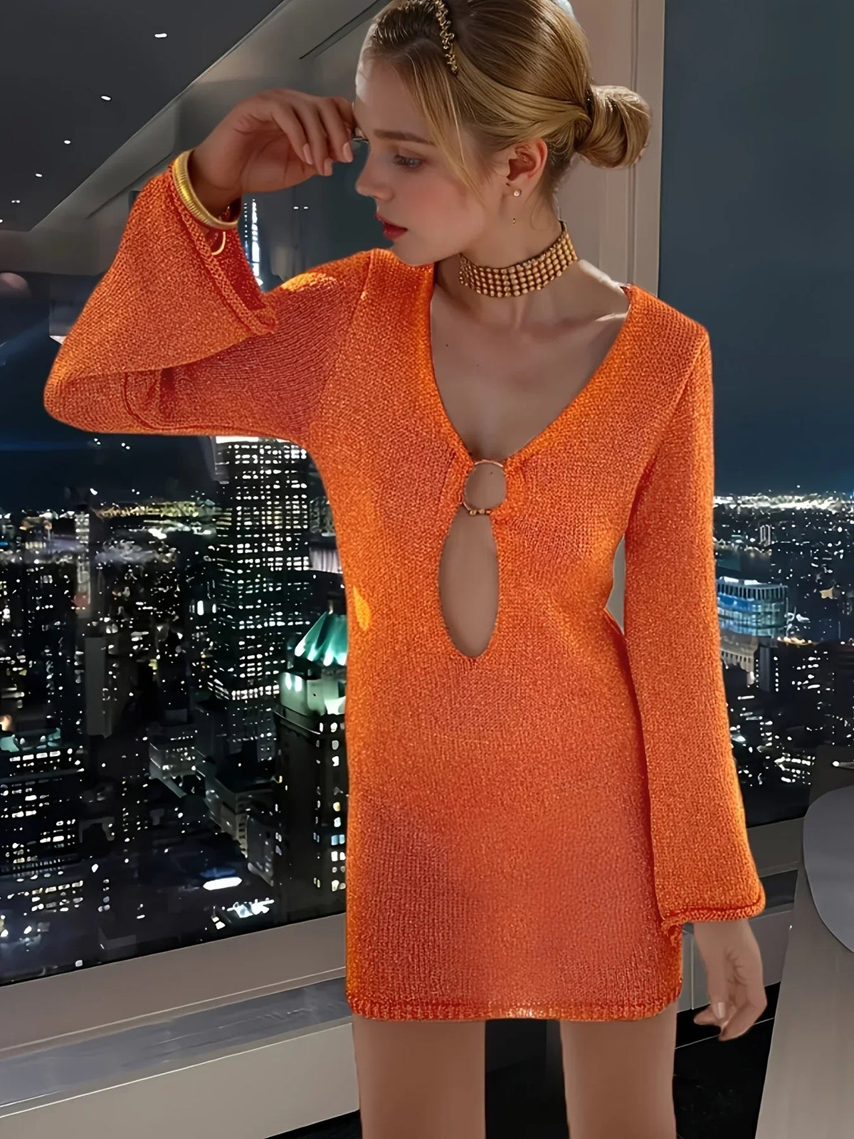 Knitted Flared Sleeve V Neck Mini Dress - View 3 | VelvetHem