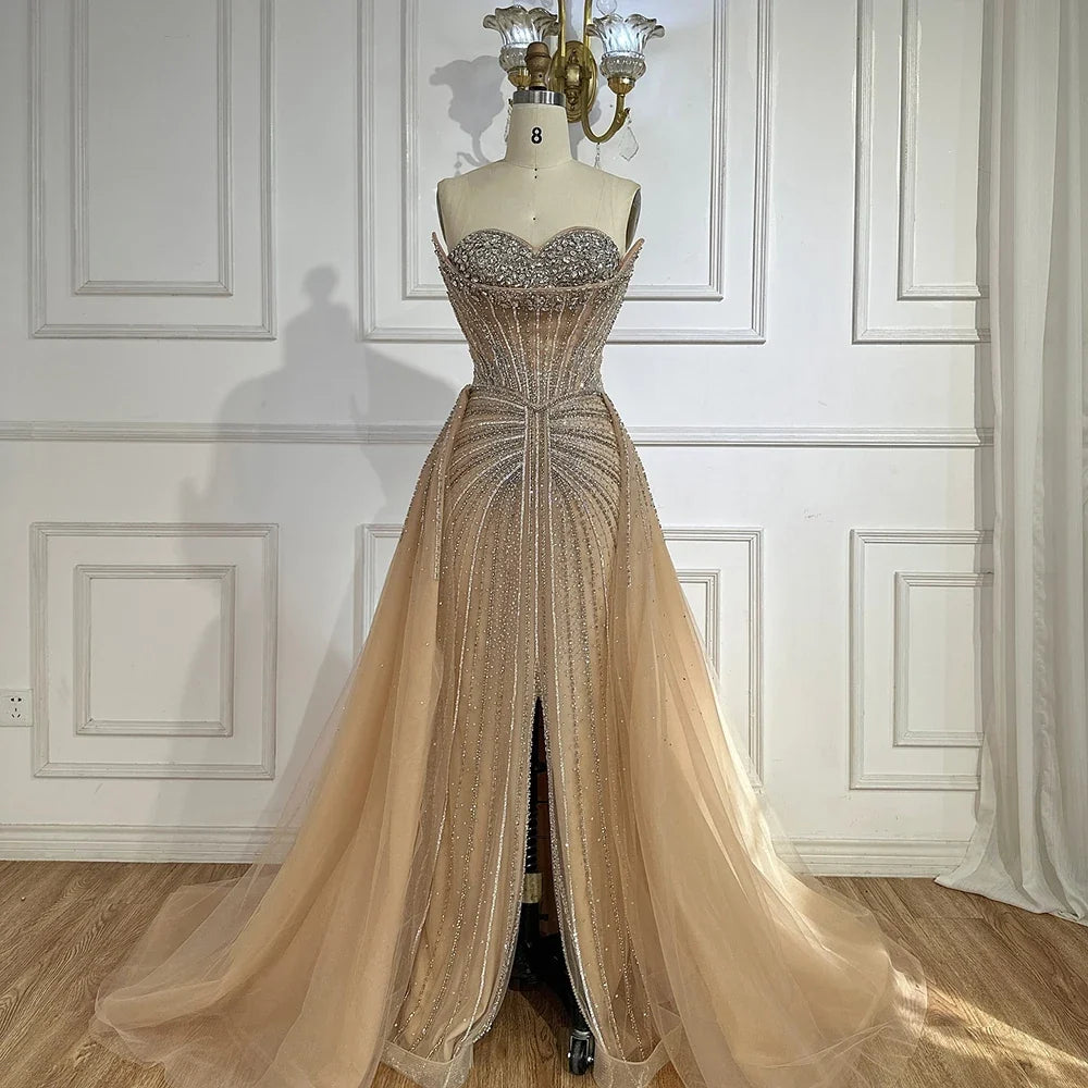 Zapdress Customized 2025 Pink Crystal Beaded Saudi Mermaid Evening Dresses Gowns with Overskirt for Formal Occasion (ZD17225)