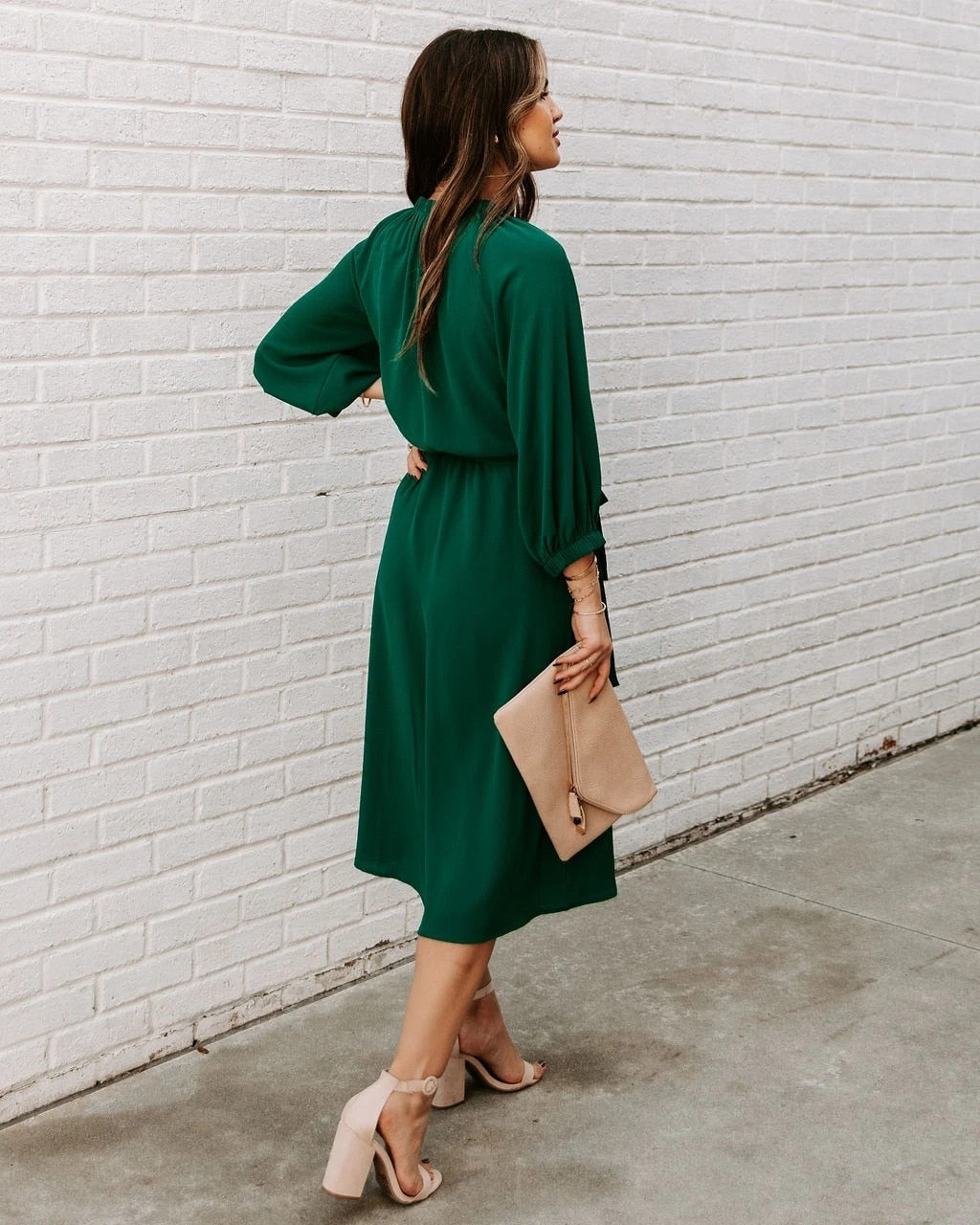 Elegant Office Dress Formal Loose Green Long Sleeve Belt ALine Midi Dresses