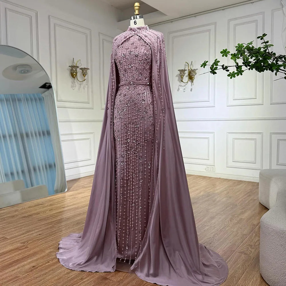 Zapdress Pink Long Sleeves High Neck Muslim Mermaid Beaded Evening Party Gown Dress with Cape for Women DLA72533 Customized (ZD17194)