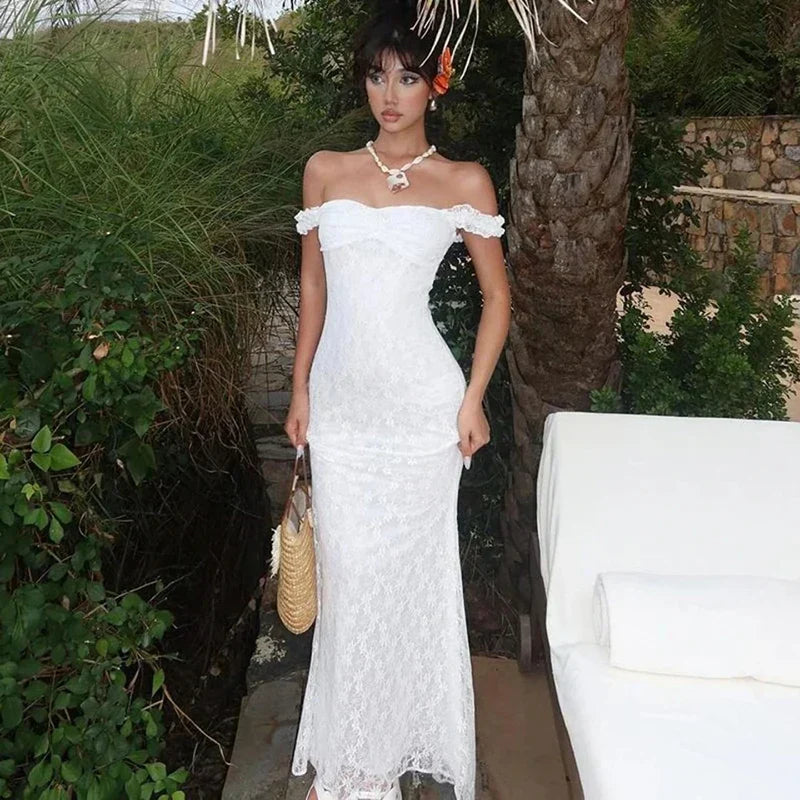 Boho Chic Women Floor Length Fishtail Dress White Lace Elegant Sexy Sleeveless Bodycon Maxi Dress Summer Clubwear