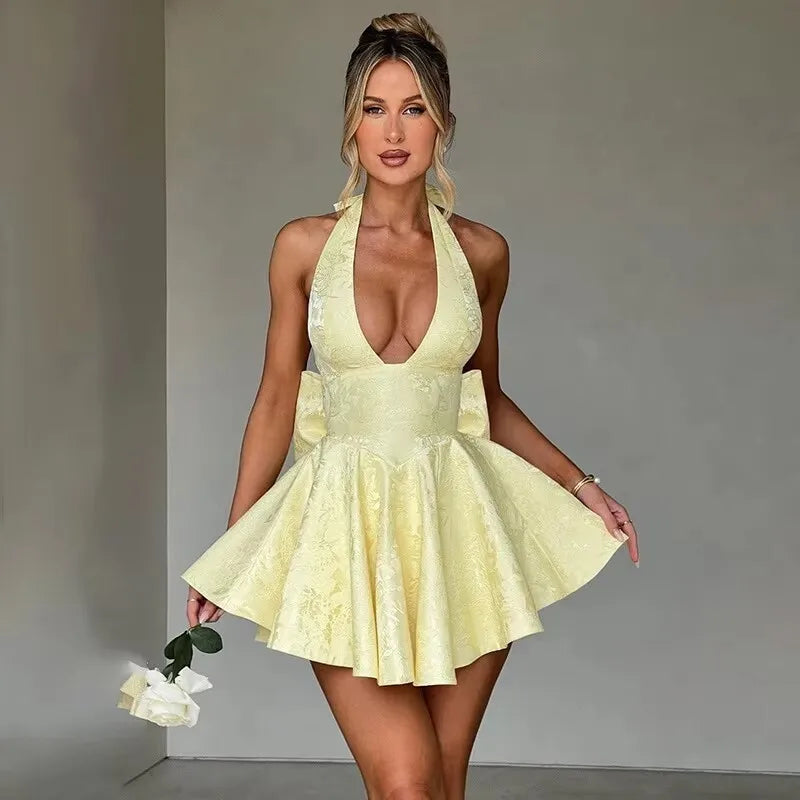 Bow Backless Jacquard A-Line Mini Dress