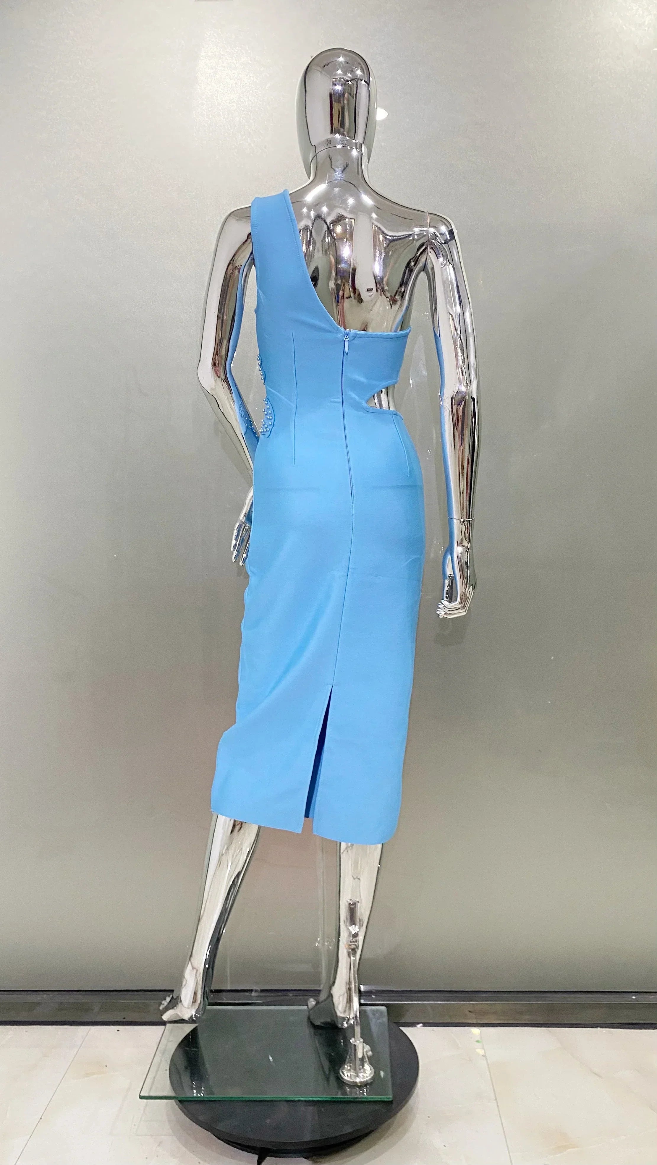 Blue Color Beading Flower Sexy One Shoulder Expose waist Mid Calf Bandage Dress Elegant Woman Evening Dress Cocktai Party Outfit