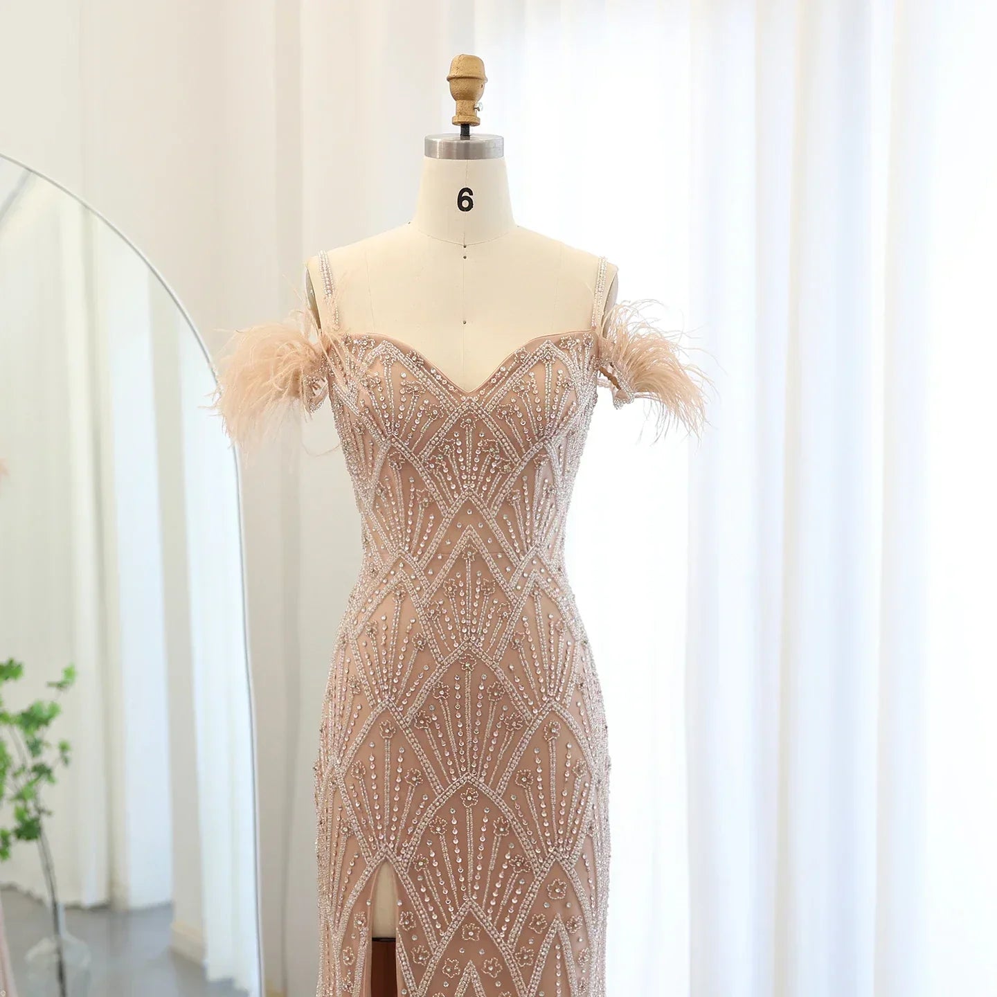 Feathers Beaded Long Prom Formal Gowns