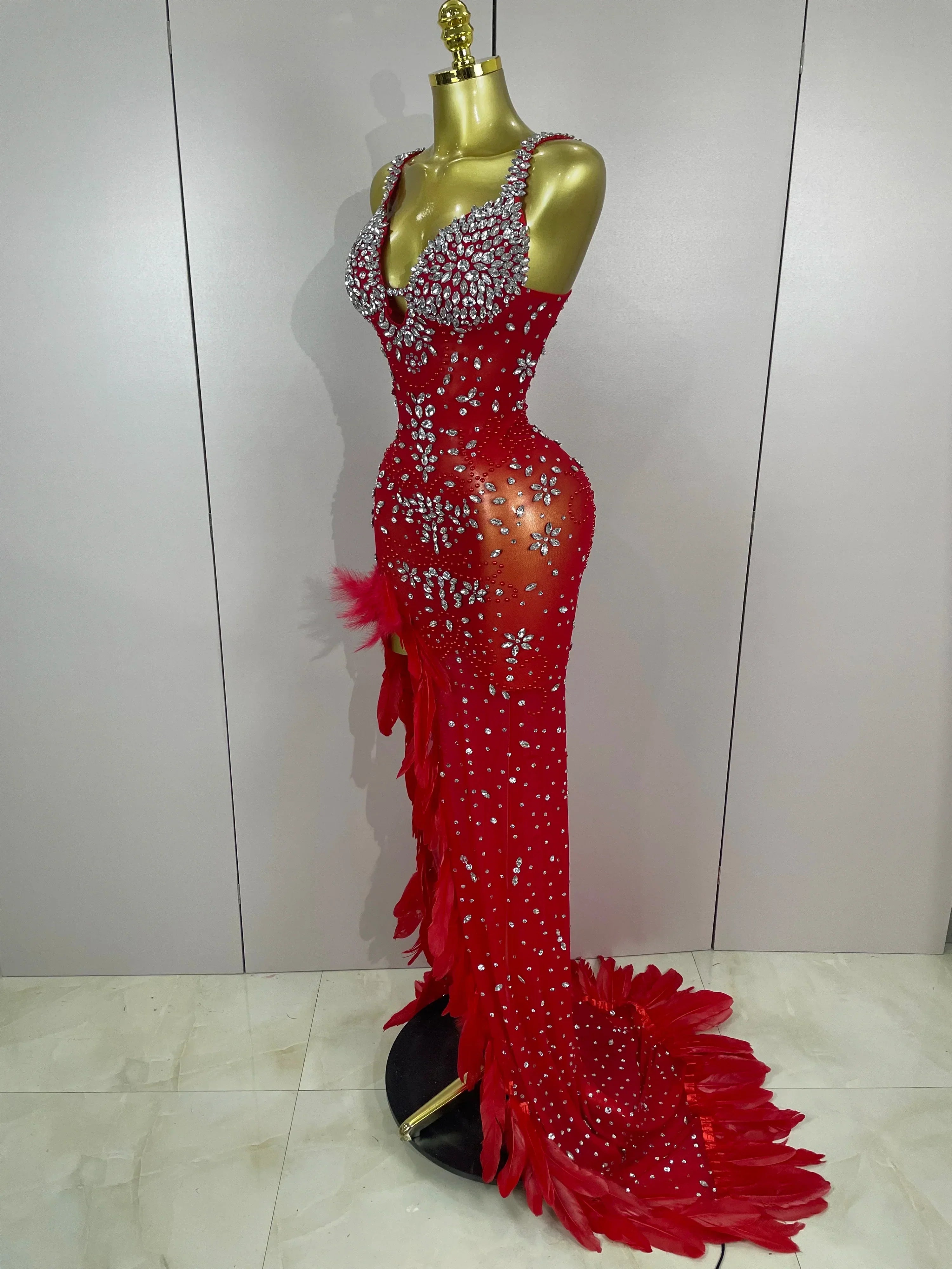 Exquisite Feather Red Evening Dress Women Sparkle Rhinestones Sexy High Slit Birthday Celebrate Stage Photoshoot Costume
