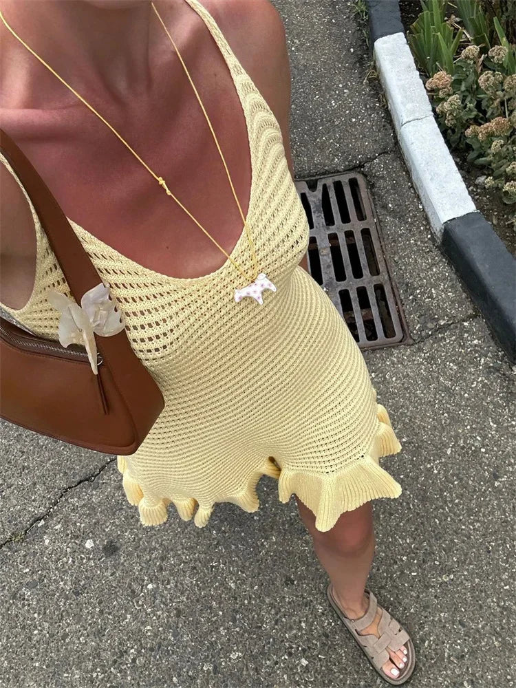 Knit Ruffle Hollow See-Through Mini Dress - View 2 | VelvetHem