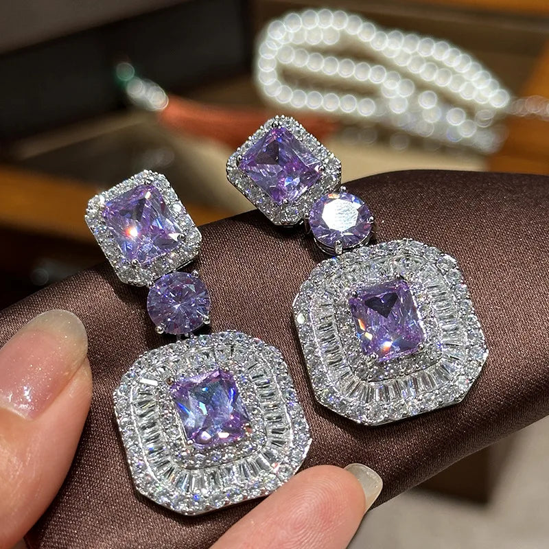 High Quality Purple AAA Zircon Bridal Earrings Cubic Zirconia Wedding Earring Bride Accessories Party Dinner Jewelry - FashionDia