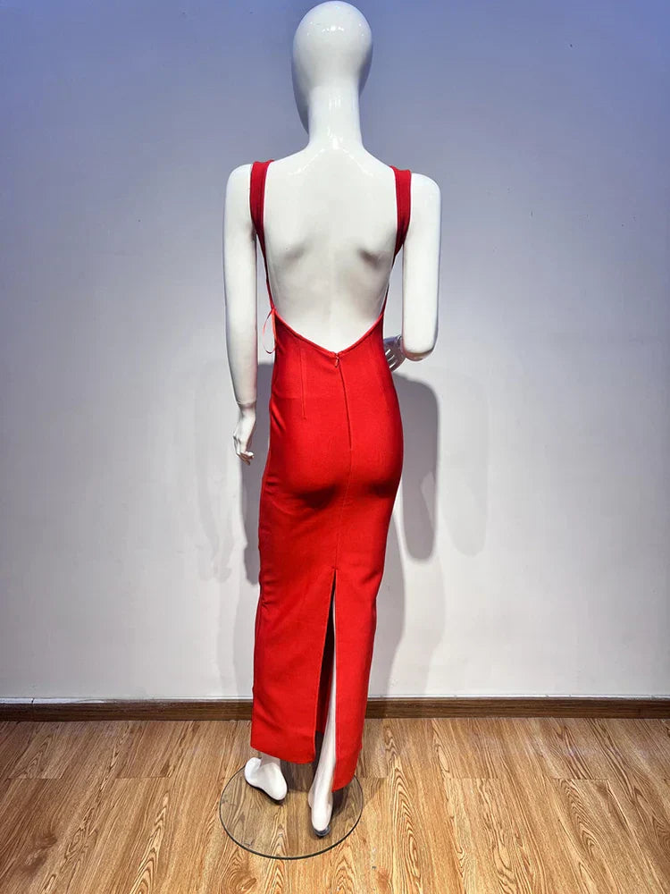 Deep V Neck Red Sleeveless Bodycon Long Dress