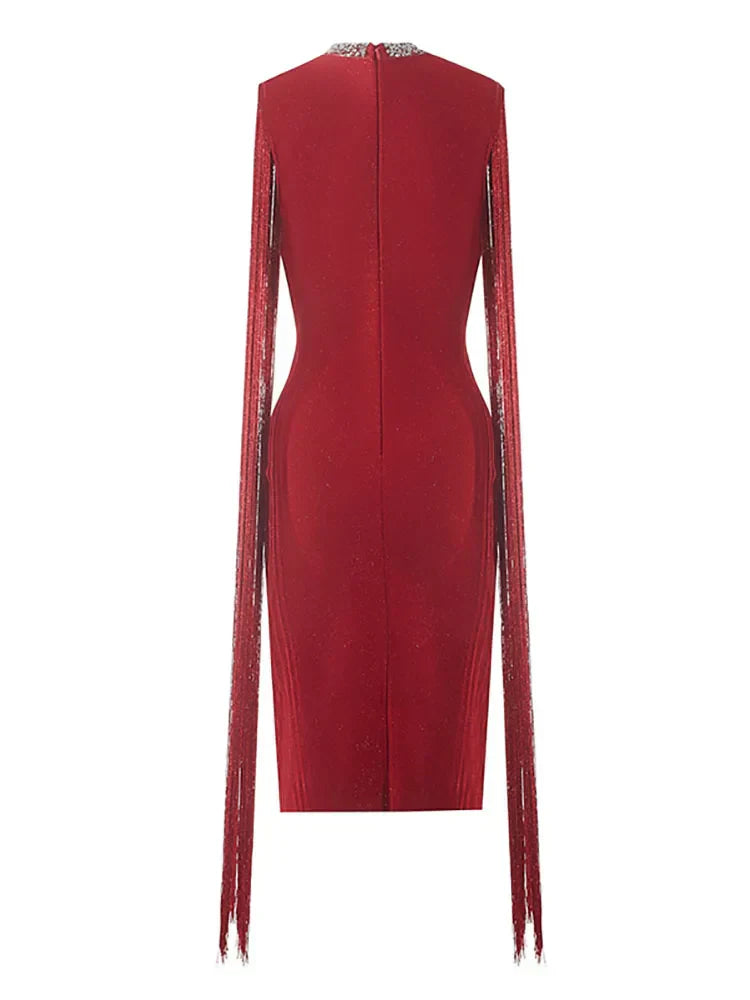 Fringe Sleeve Tassel Sequined Midi Dress