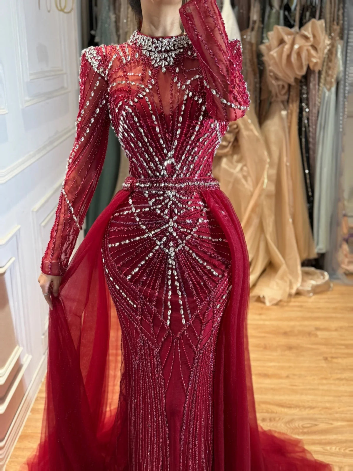 Zapdress Nude Muslim High Neck Mermaid Evening Gowns 2026 Long Sleeves Overskirt Party Dress for Women DLA73203A Customized (ZD17202)