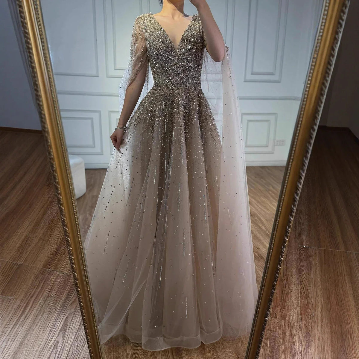 Zapdress 2026 Customized Pink Luxury Beaded A Line Evening Dress with Cape Sleeves Party Gowwns for Wedding Guest (ZD17209)