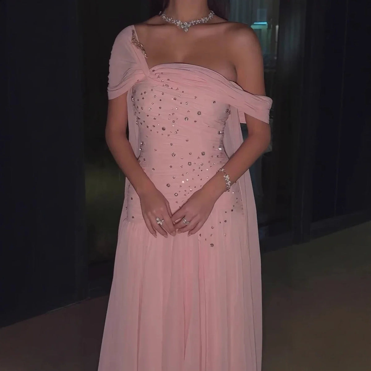 Zapdress Pink Chiffon Mermaid Evening Gowns 2026 Elegant Mermaid Off-Shoulder Pleated Ruched Prom Dresses LA73347 Customized (ZD17312)