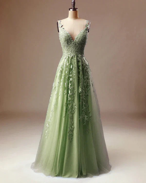 Elegant A-line Prom Dresses V Neck Lace Embroidery Sage Dress