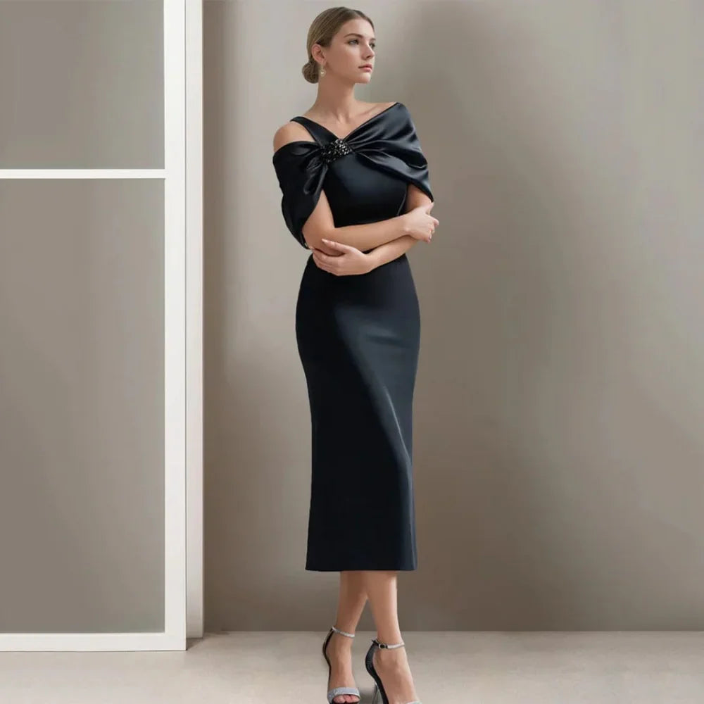 Customized Simple Mermaid Mother Dresses One Shoulder Beading Wedding Party Gowns Mid-calf Length New Formal Bridal Dress black