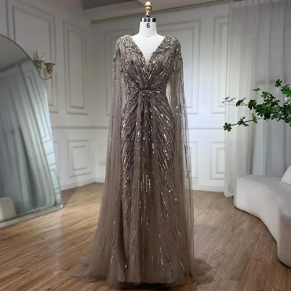Zapdress V-neck Turquoise Beaded Mermaid Evening Dress with Cape Plus Size Party Gowns for Women DLA72168A Customized (ZD17231)