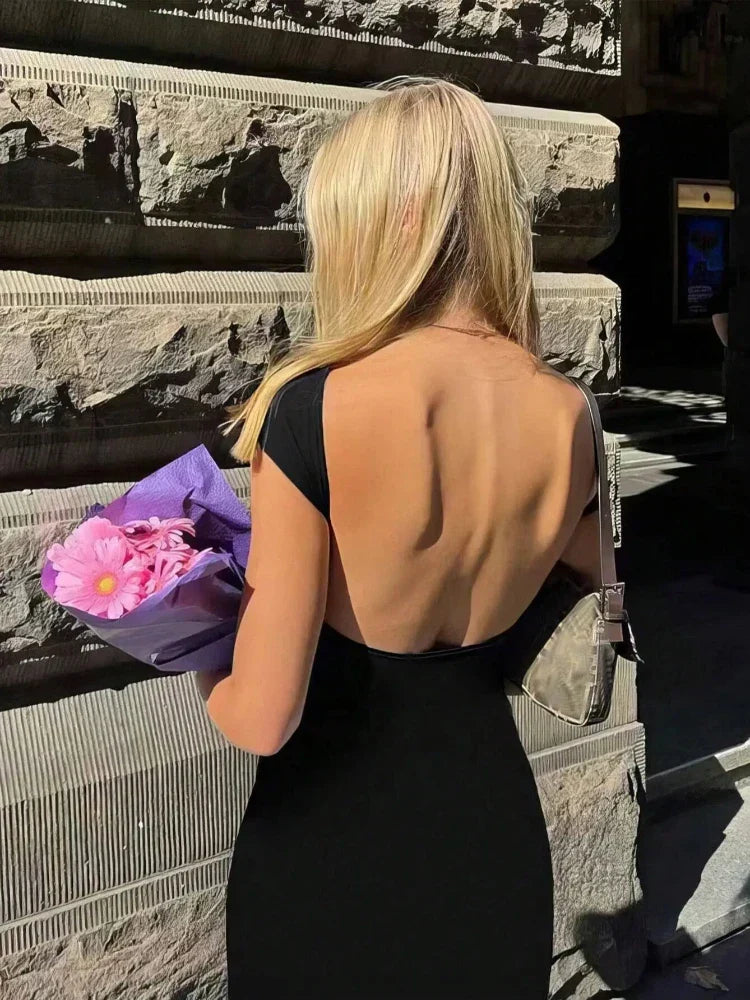 Solid Short Sleeve Backless Maxi Dress - View 2 | VelvetHem
