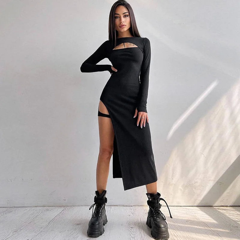 Hollow Split Knit Y2K Midi Dress - View 3 | VelvetHem