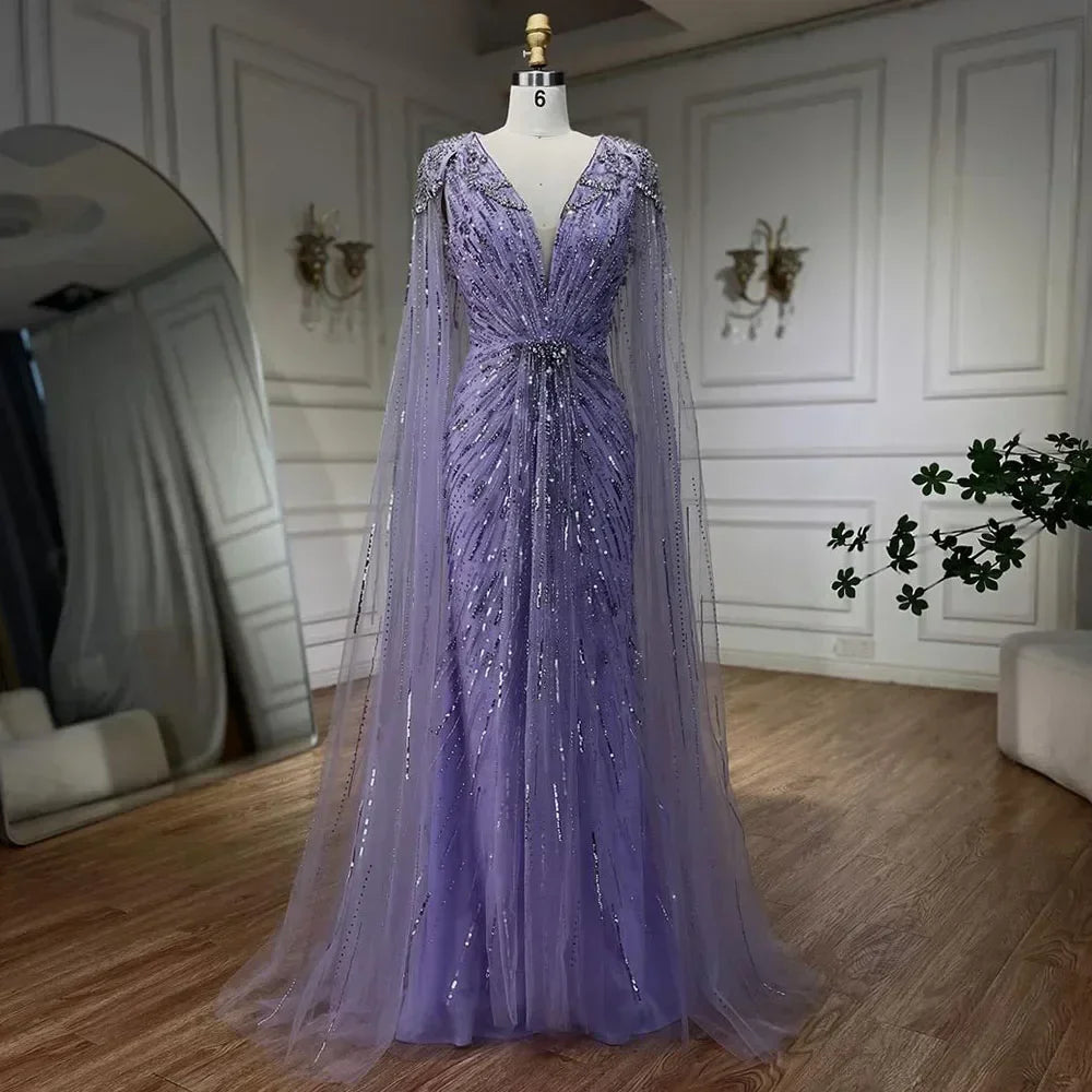 Zapdress V-neck Turquoise Beaded Mermaid Evening Dress with Cape Plus Size Party Gowns for Women DLA72168A Customized (ZD17231)