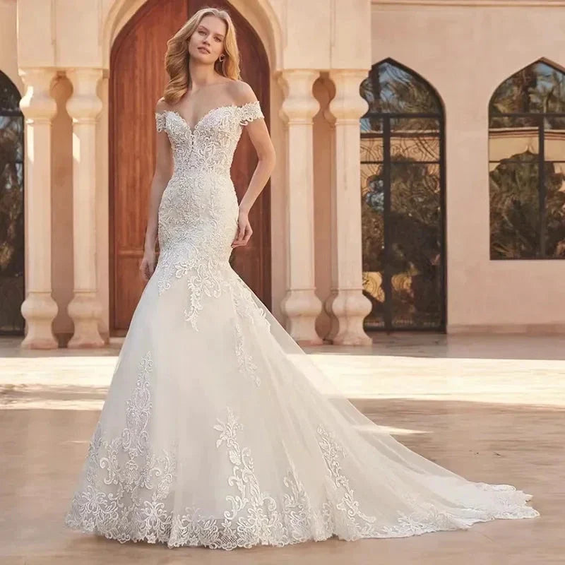 Mermaid Wedding Dress Off The Shoulder Vintage With Lace Embroidery Vestido De Noiva Sexy V-Neck Vestidos De Novia (ZD14063)