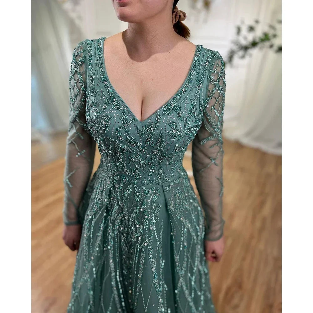 Zapdress Lilac V-neck A-line Long Sleeves Luxury Beaded Evening Dresses Party Gowns for Women Customized (ZD17273)