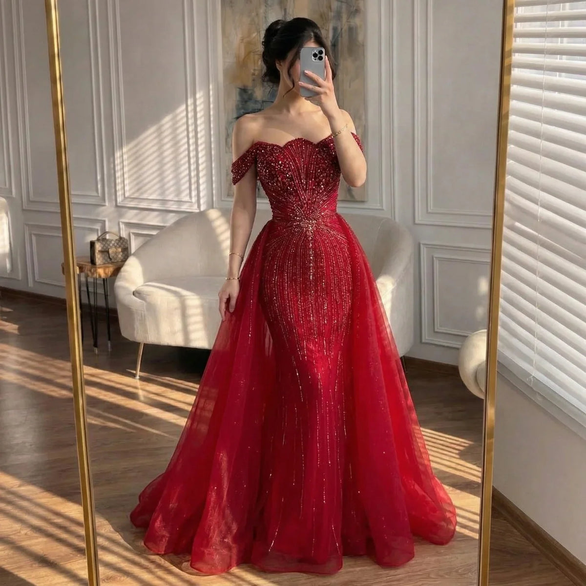 Zapdress Green Mermaid Beaded Evening Party Gown 2026 Elegant Off-Shoulder Runway Dress with Overskirt Customized (ZD17288)