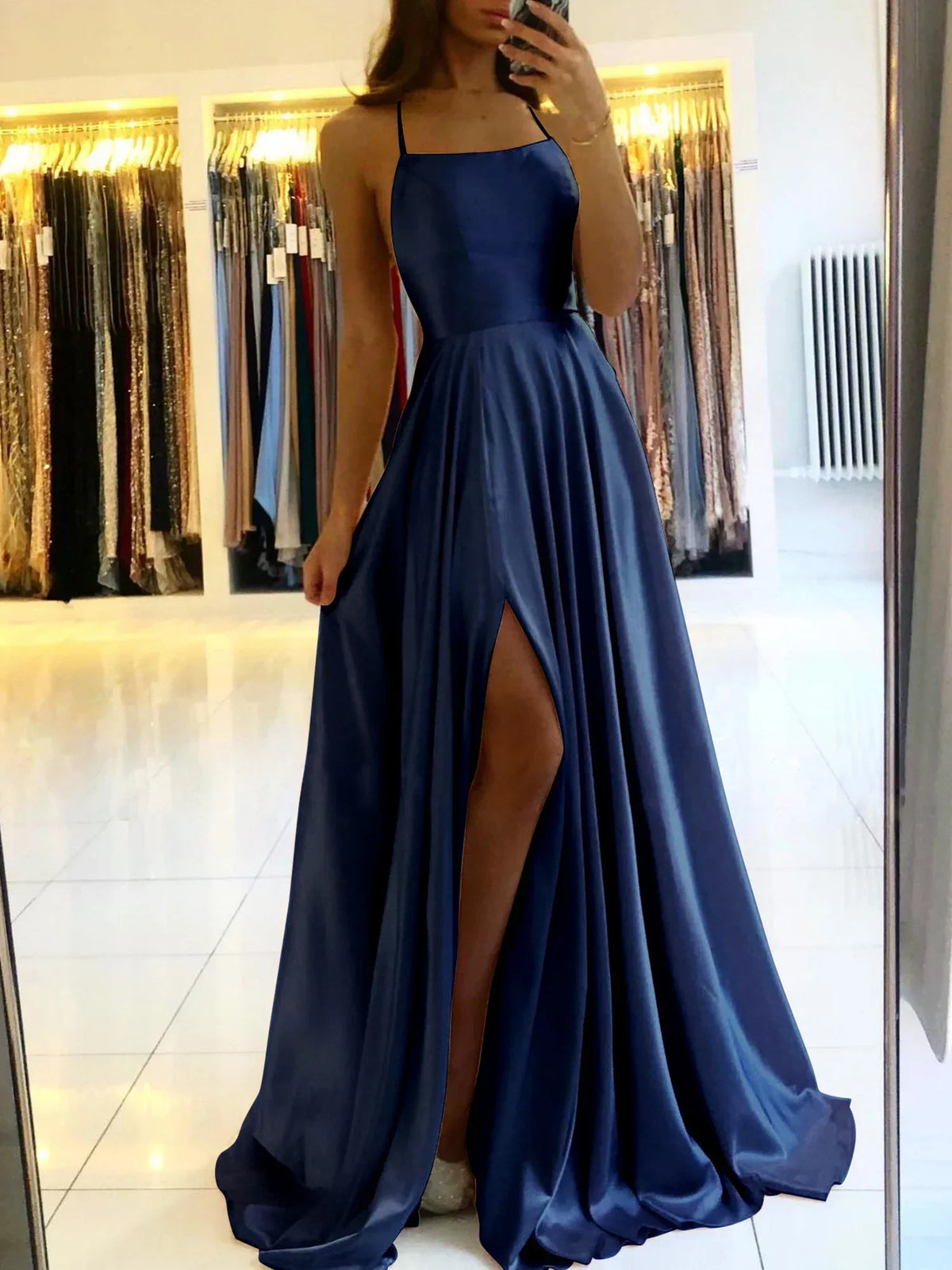Blue Satin Spaghetti A-Line Prom Dress - View 10 | VelvetHem