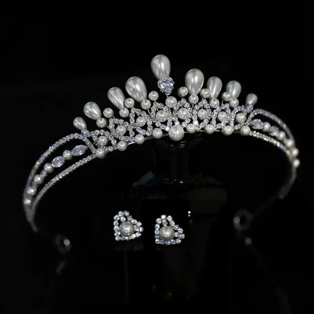 Crystal Pearl Tiaras and Crowns Set Zirconia Diadem For Bride Princess Queen Headband Bridal Hair Jewelry Wedding Accessories