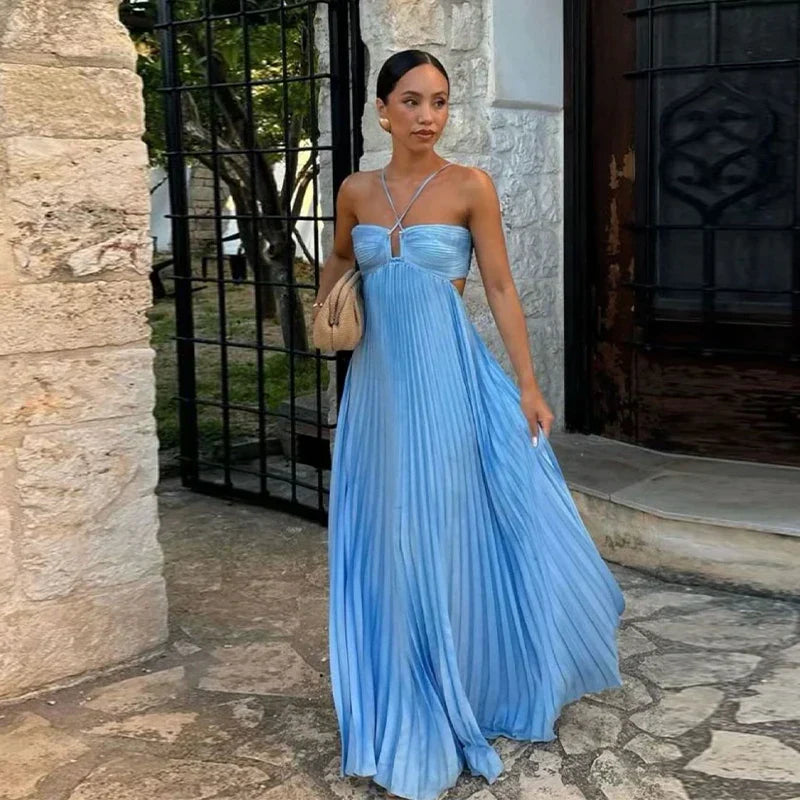 Pleated Blue Halter Maxi Dress - View 7 | VelvetHem
