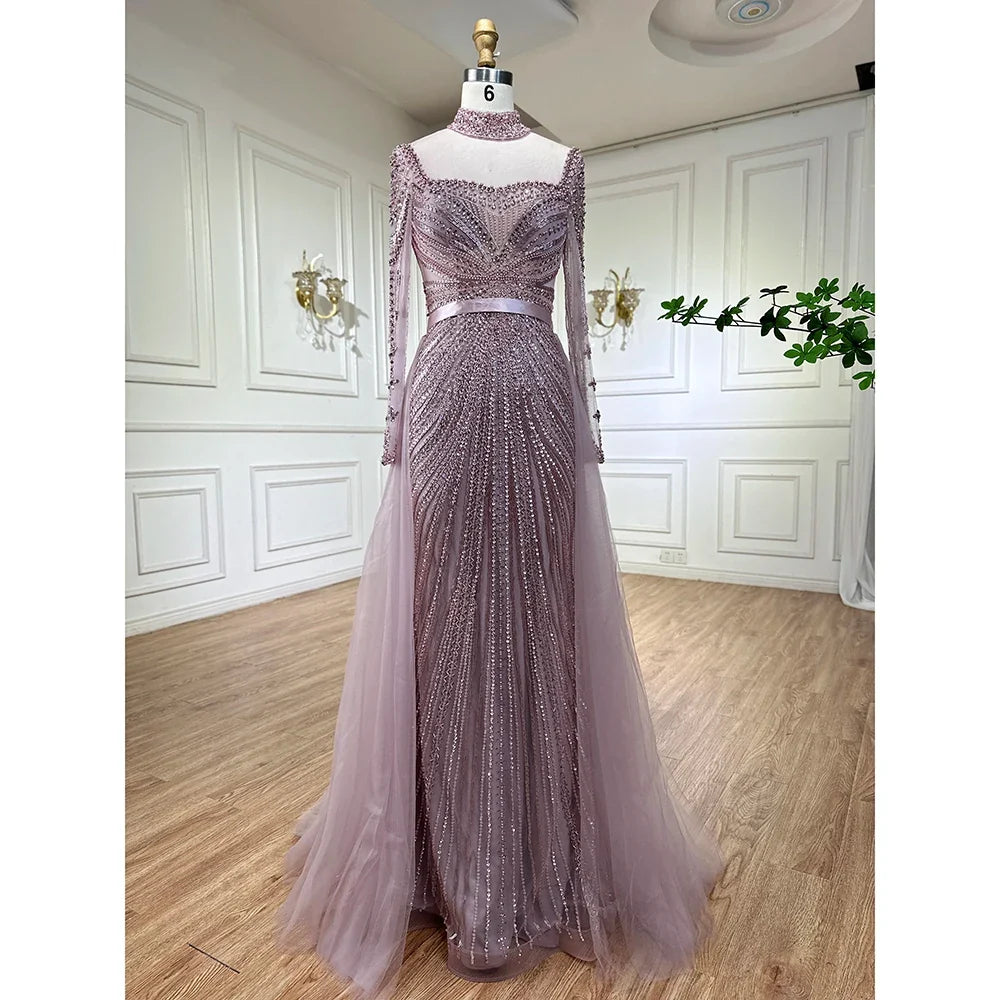 Zapdress Customized Nude Long Sleeves Beaded Mermaid Dubai Evening Dresses 2025 Muslim Party Gowns for Veiled Women (ZD17327)