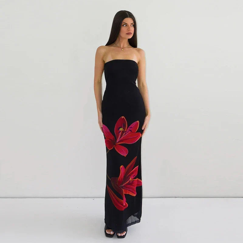 Tube Bodycon Lace-up Floral Dress