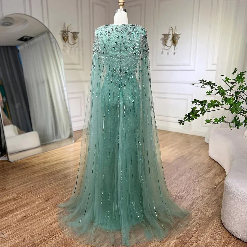 Zapdress V-neck Turquoise Beaded Mermaid Evening Dress with Cape Plus Size Party Gowns for Women DLA72168A Customized (ZD17231)