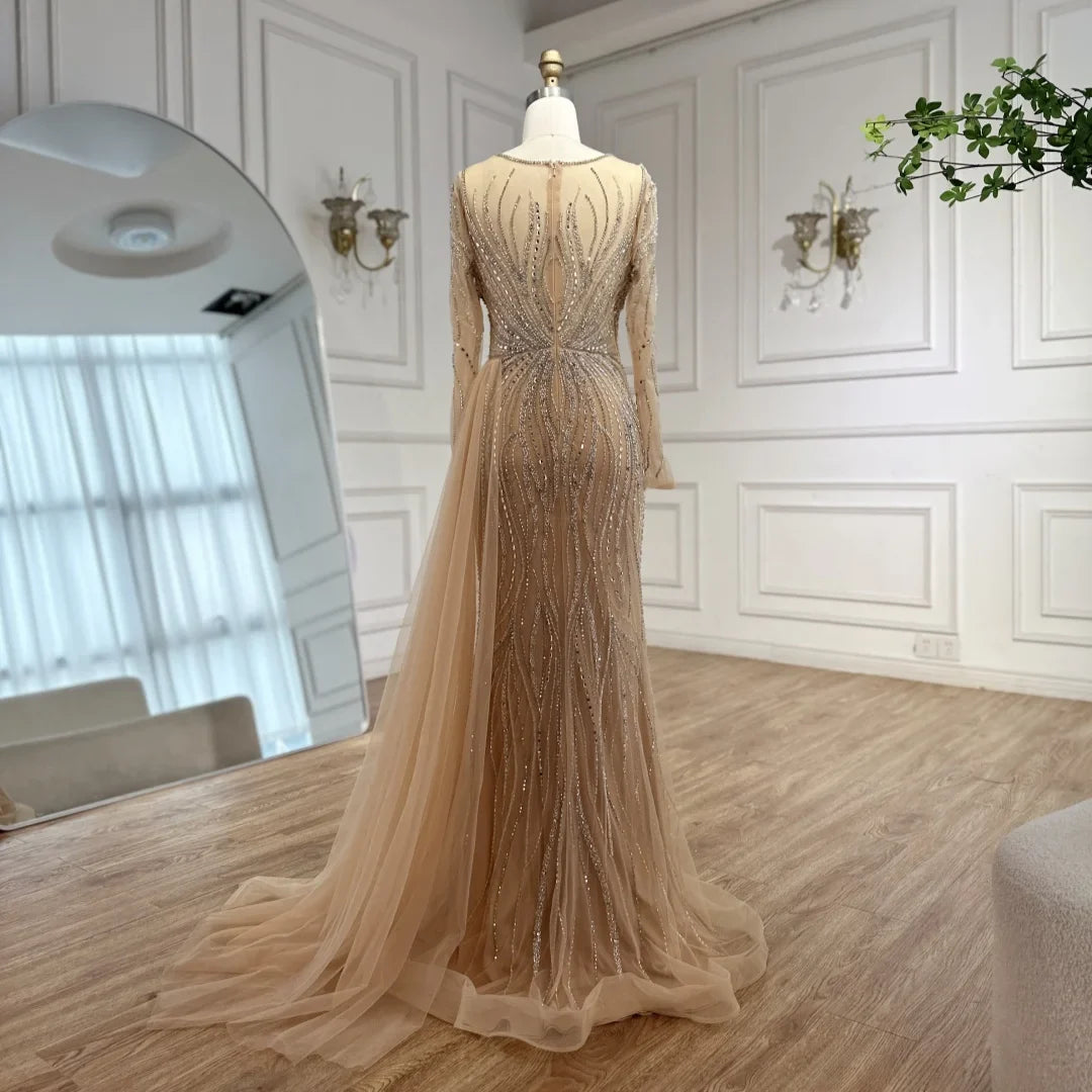Zapdress Nude Long Sleeves Beaded Evening Dresses with Skirt 2025 Party Gowns for Formal Occasion DLA72812 Customized (ZD17214)