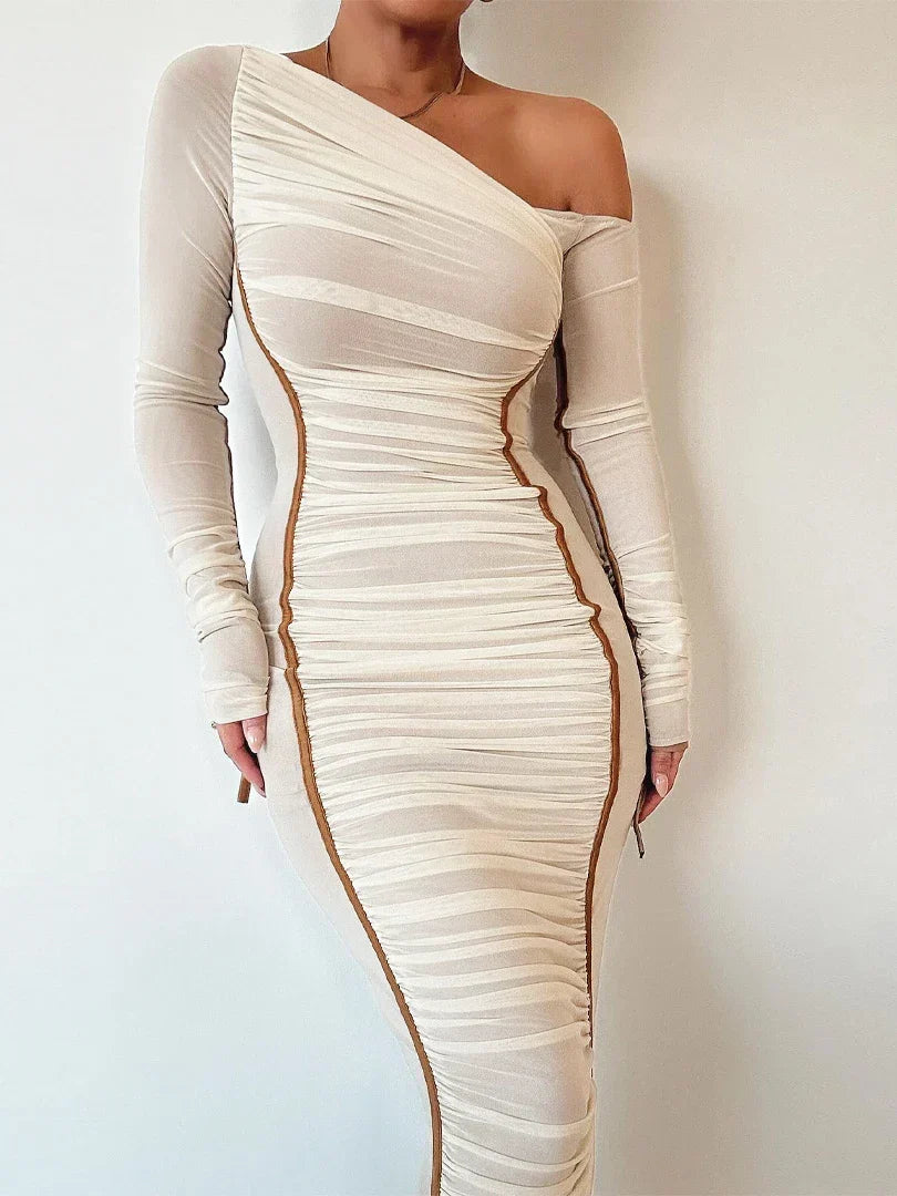 Diagonal Collar Draped Mesh Maxi Dress - View 6 | VelvetHem