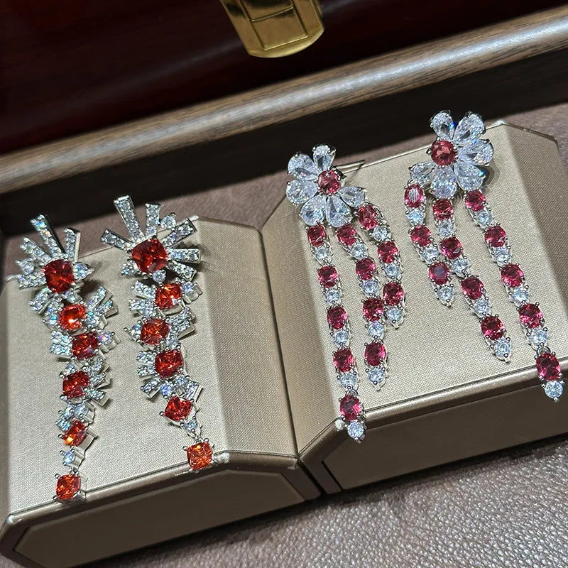 Vintage Red AAA Zircon Bridal Earrings Cubic Zirconia Wedding Earring Brides Accessories Dinner Party Dress Jewelry - View 5 | FashionDia