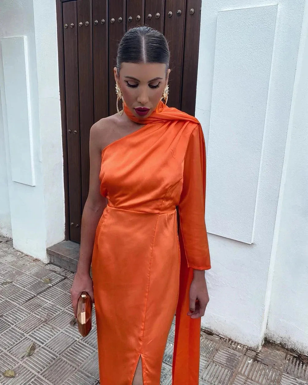 Orange Modern Prom Dresses One Shoulder Leg Slit Satin Bridesmaid Mermaid Party Gowns Formal Occasion Dresses