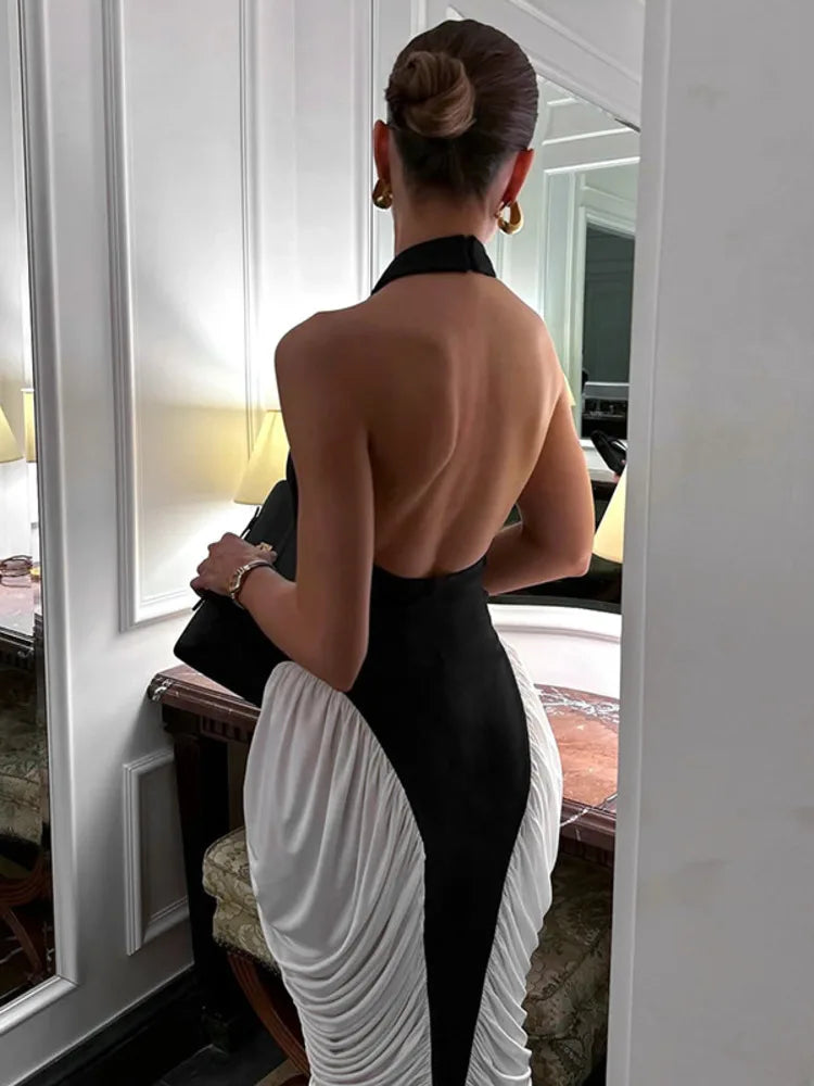 Patchwork Halter Backless Midi Dress - View 2 | VelvetHem