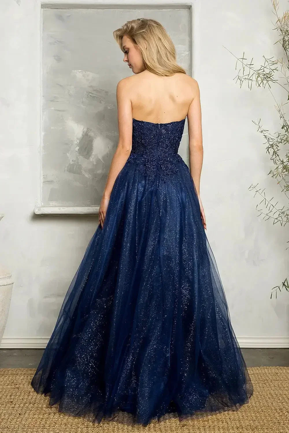 Navy Blue Lace Tulle Prom Dress - View 3 | VelvetHem