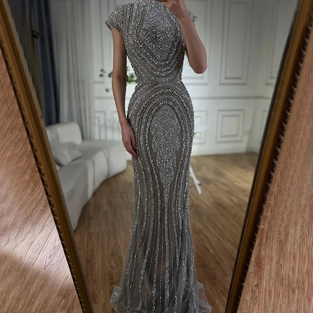 Zapdress Gray Nude Cap Sleeves Mermaid Beaded Luxury Evening Dresses Formal Party Gowns for Women DLA72344 Customized (ZD17204)