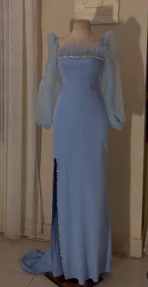 Vintage Square Neckline Long Sleeves Evening Dress,Fashion Evening Gown - FashionDia