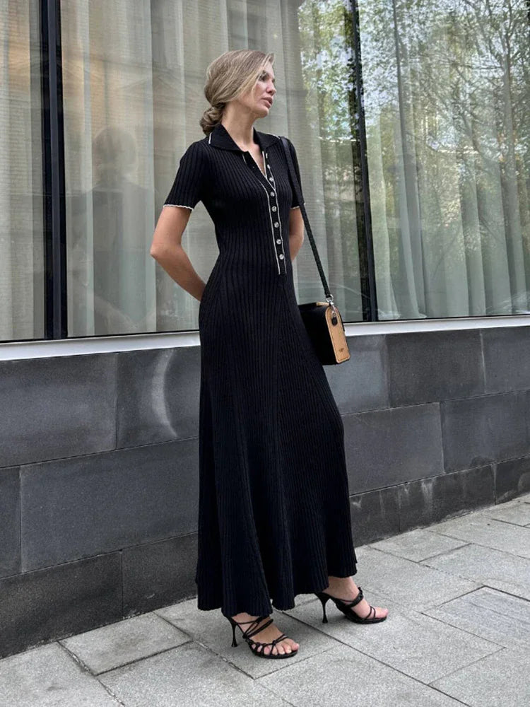 Denim Patchwork Knitted Short Sleeve Button Work Dress - View 6 | VelvetHem